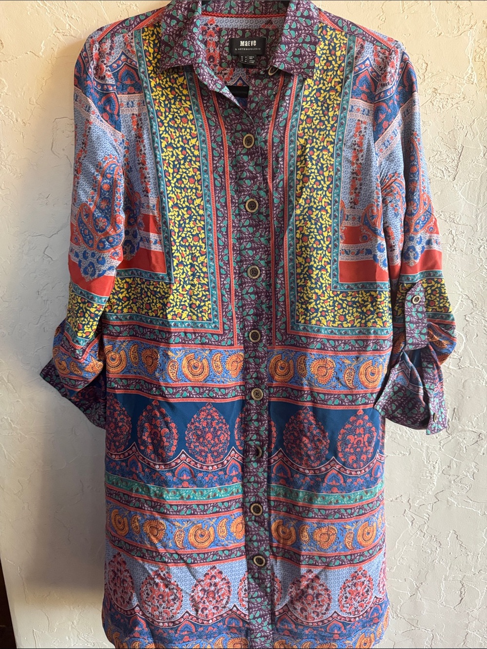 Maeve by Anthropologie 100% Silk Boho Paisley Patchwork Shirt Dress Tunic 4